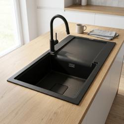 GraniteMy Zafiri Zwarte Granieten Opbouw Spoelbak 97x50 cm met Afdruipvlak, Omkeerbaar, met Zwarte Vierkante Afvoerdeksel 1208969997